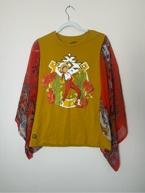 Rodeo Quincy Mustard Yellow Graphic Top with Red Sheer Paisley Sleeves